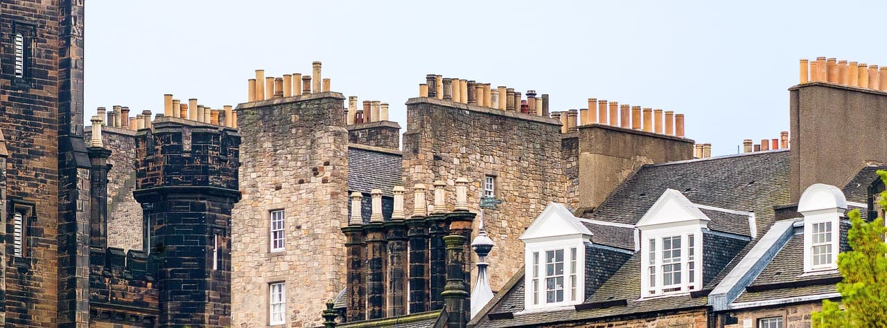 Edinburgh tenement roofs with chimney stacks and dormer windows