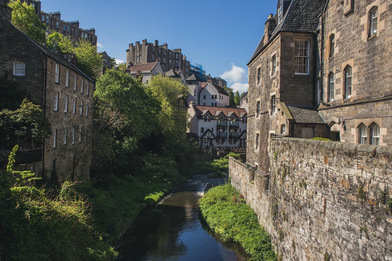 Stone houses above the Water of Leith in Dean Village, a short walk from Stockbridge